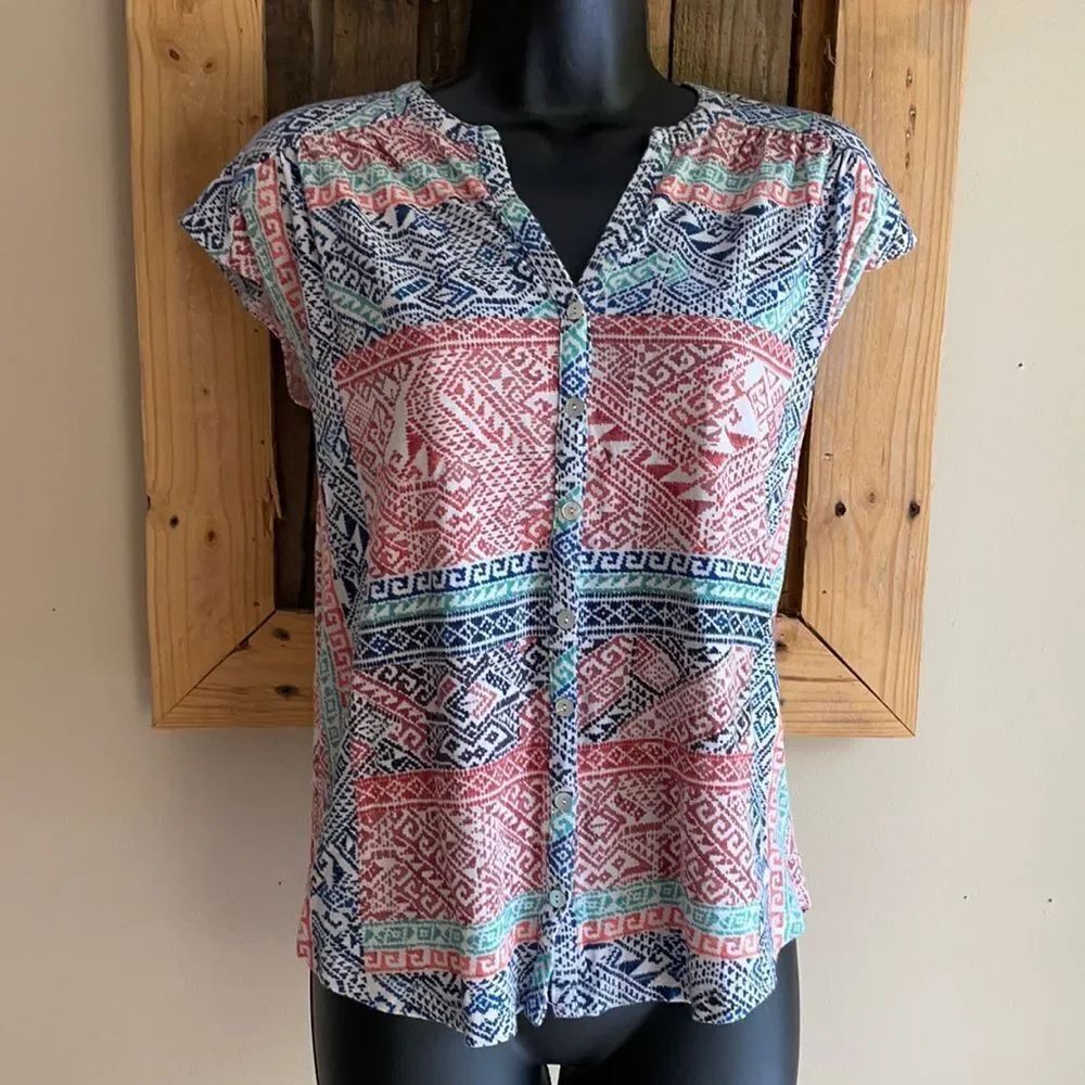 Lucky Brand Sleeveless Aztec Print Design Button Down Top Blue Green Orange S